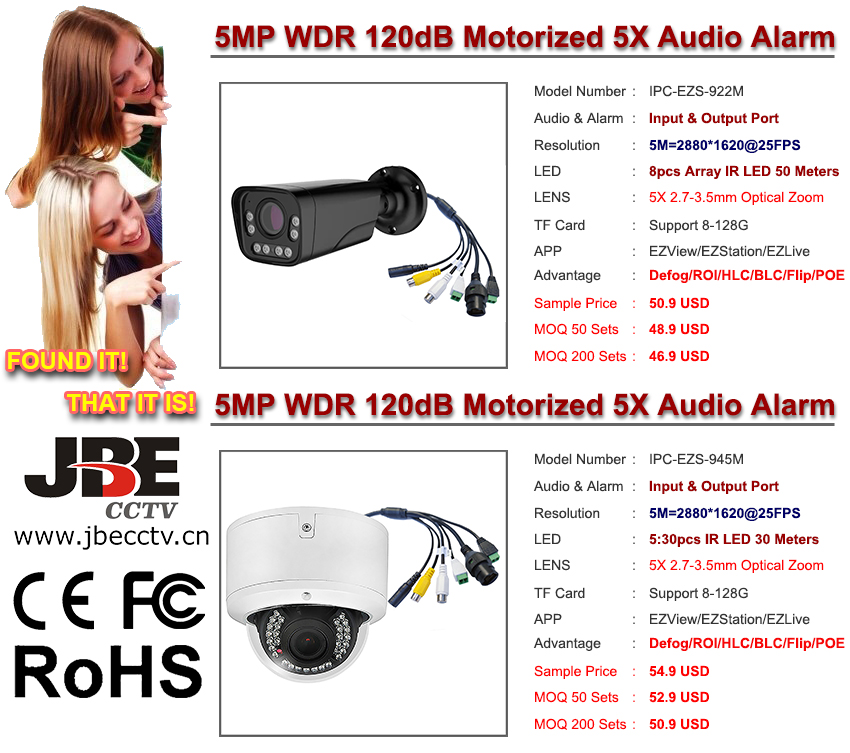 5MP WDR 120dB 5X Motorized Lens Audio Alarm TF Card